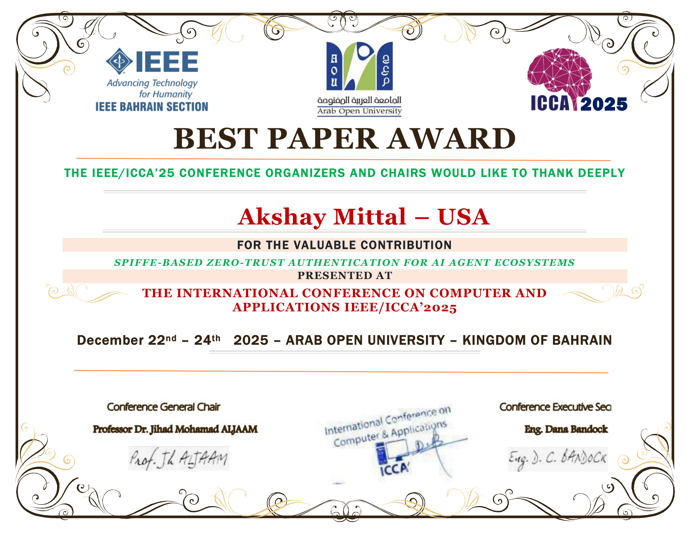 IEEE ICCA 2025 Best Paper award certificate