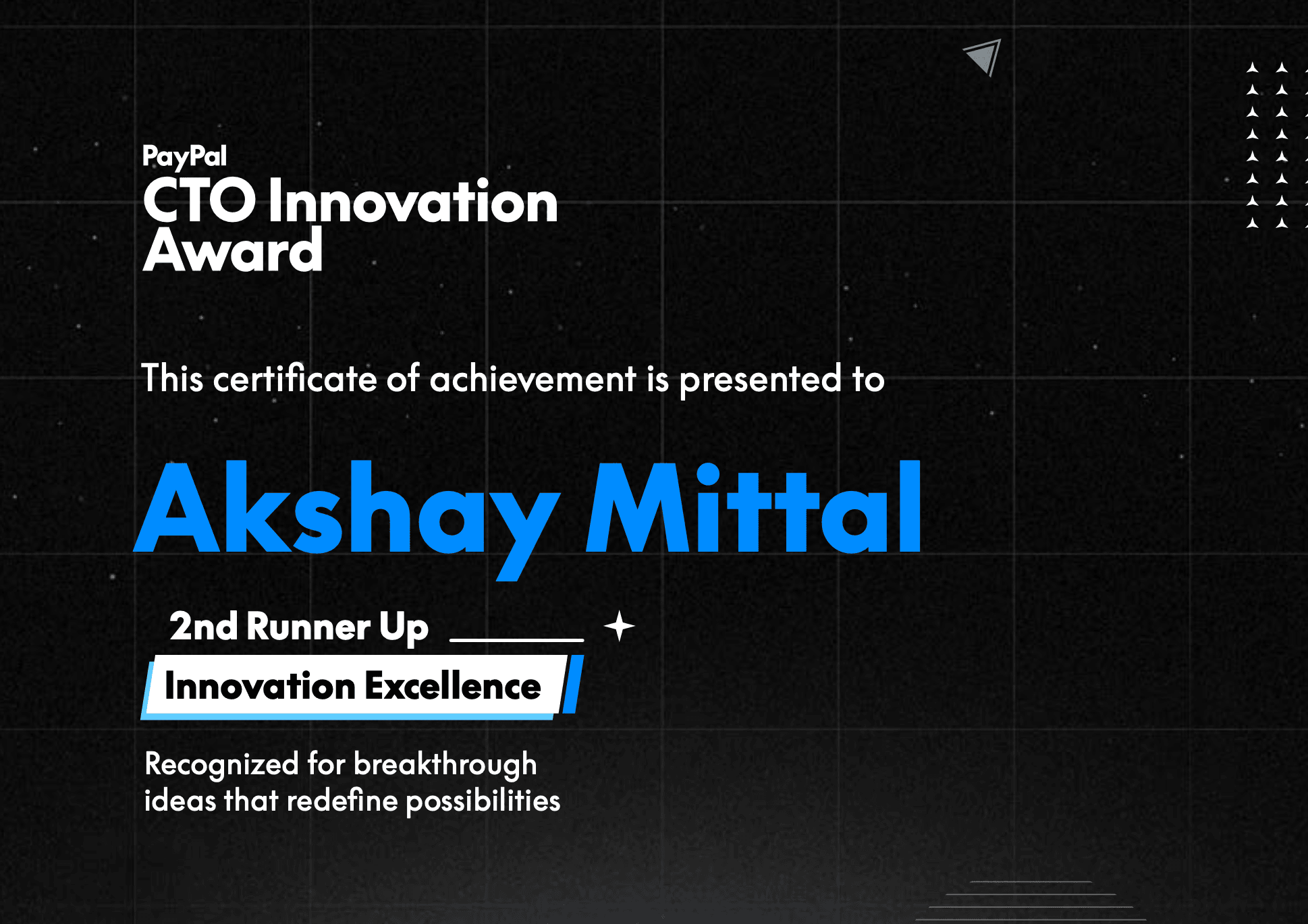 PayPal CTO Innovation Excellence certificate