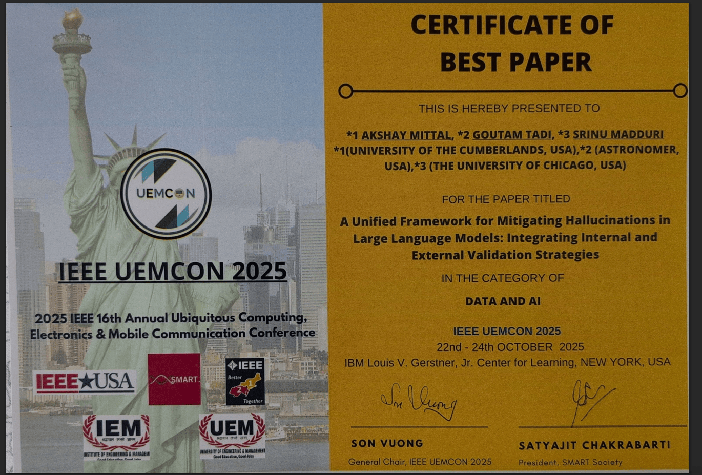 IEEE UEMCON 2025 best paper award certificate