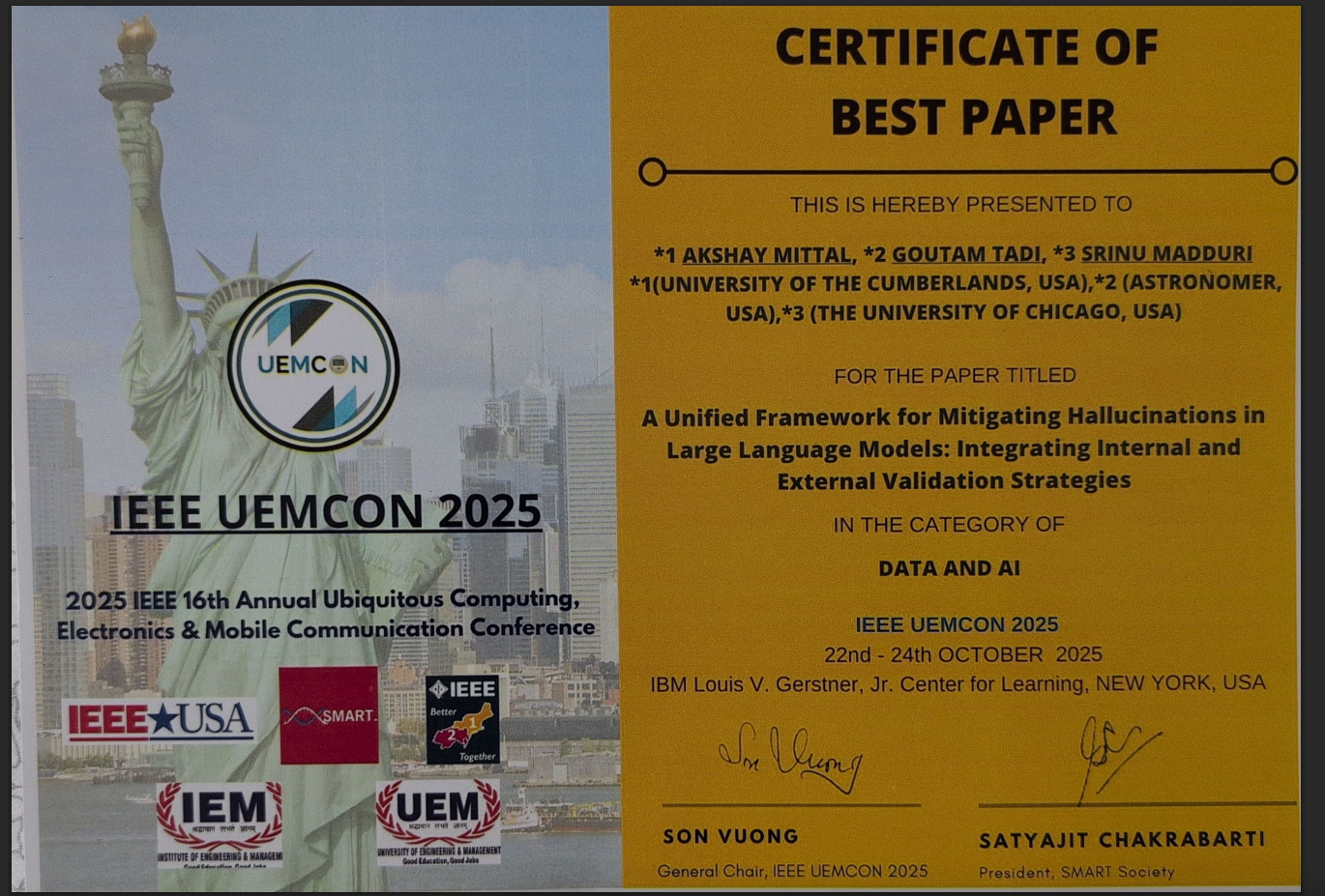 IEEE UEMCON 2025 Best Paper Award certificate (LLM hallucination framework paper)