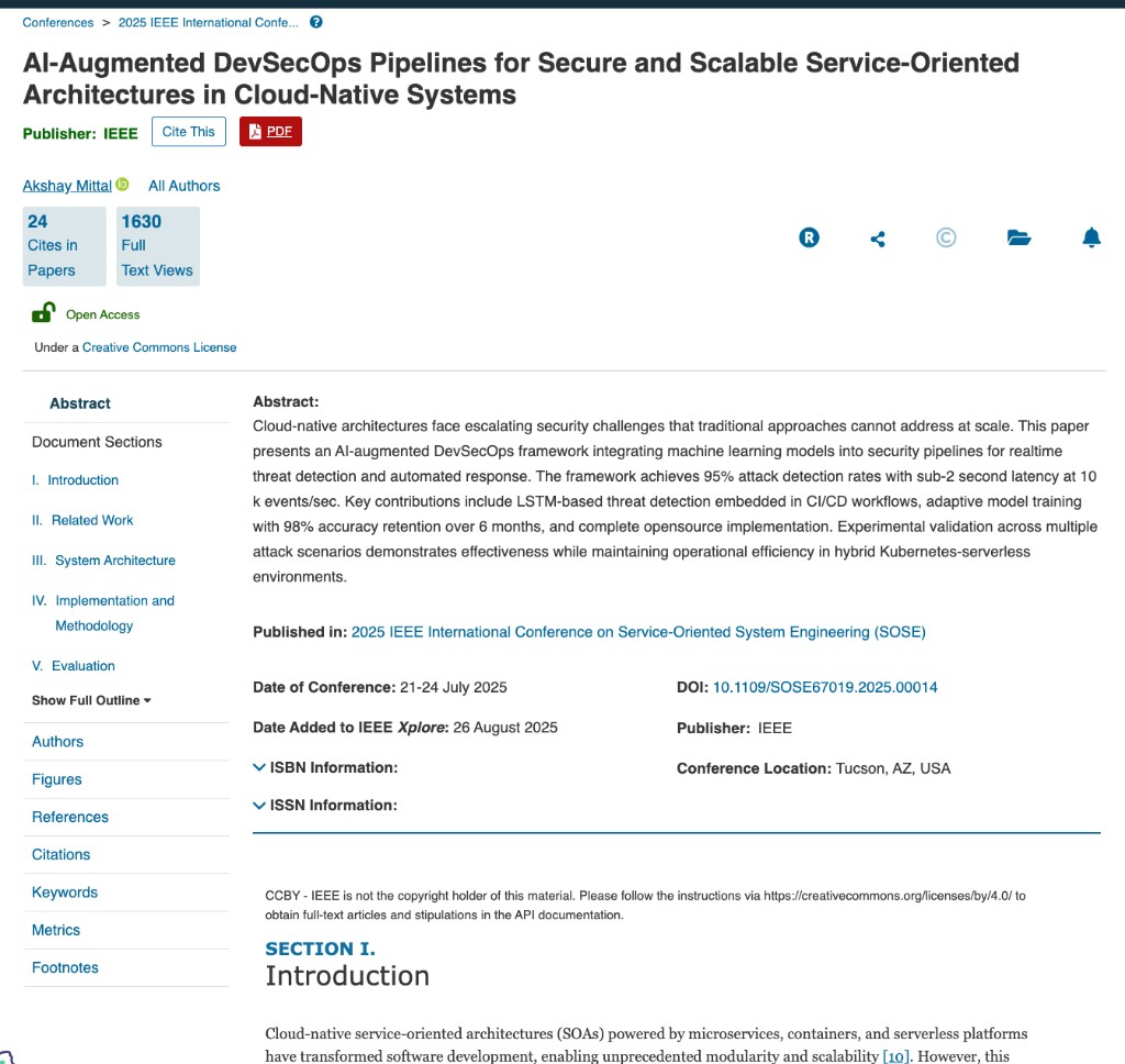 IEEE Xplore listing for sole-authored SOSE 2025 paper